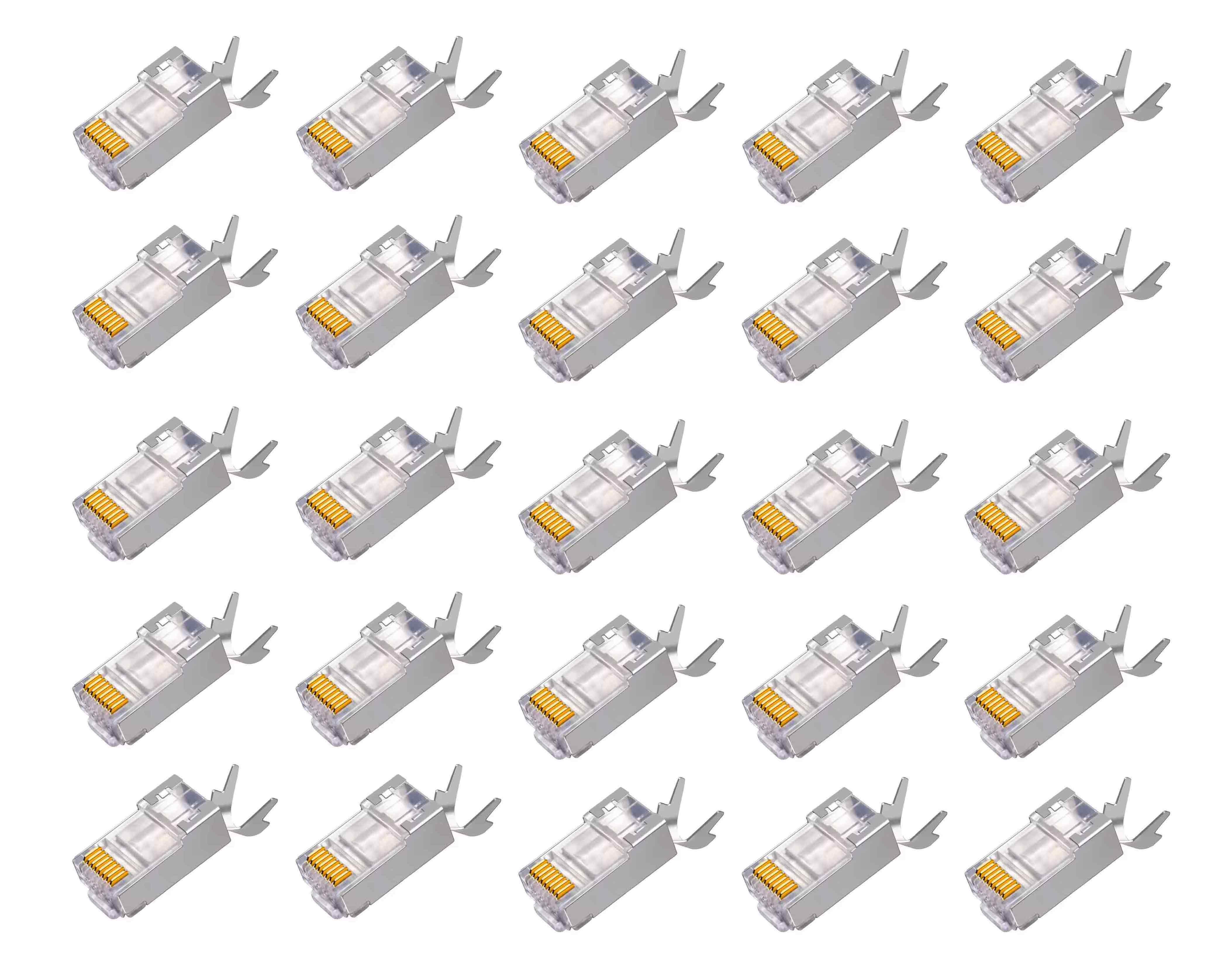 BOXNUBE RJ45 Cat7 Cat6A Crimping Connectors 8P8C Modular Plug 3 Prong Shielded FTP / STP Metal Connector | Dovetail Clip Design BOXNUBE RJ45 Cat7 Cat6A Crimping Connectors 8P8C Modular Plug 3 Prong Shielded FTP / STP Metal Connector | Dovetail Clip Design